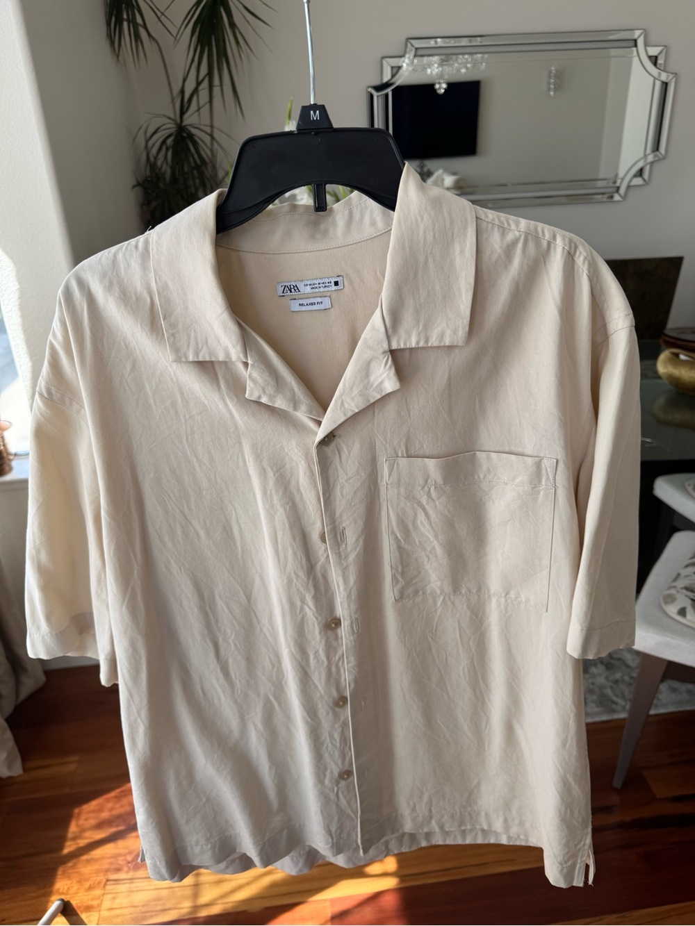 Zara Cream Short-Sleeve Camp Collar Button-Down Shirt
